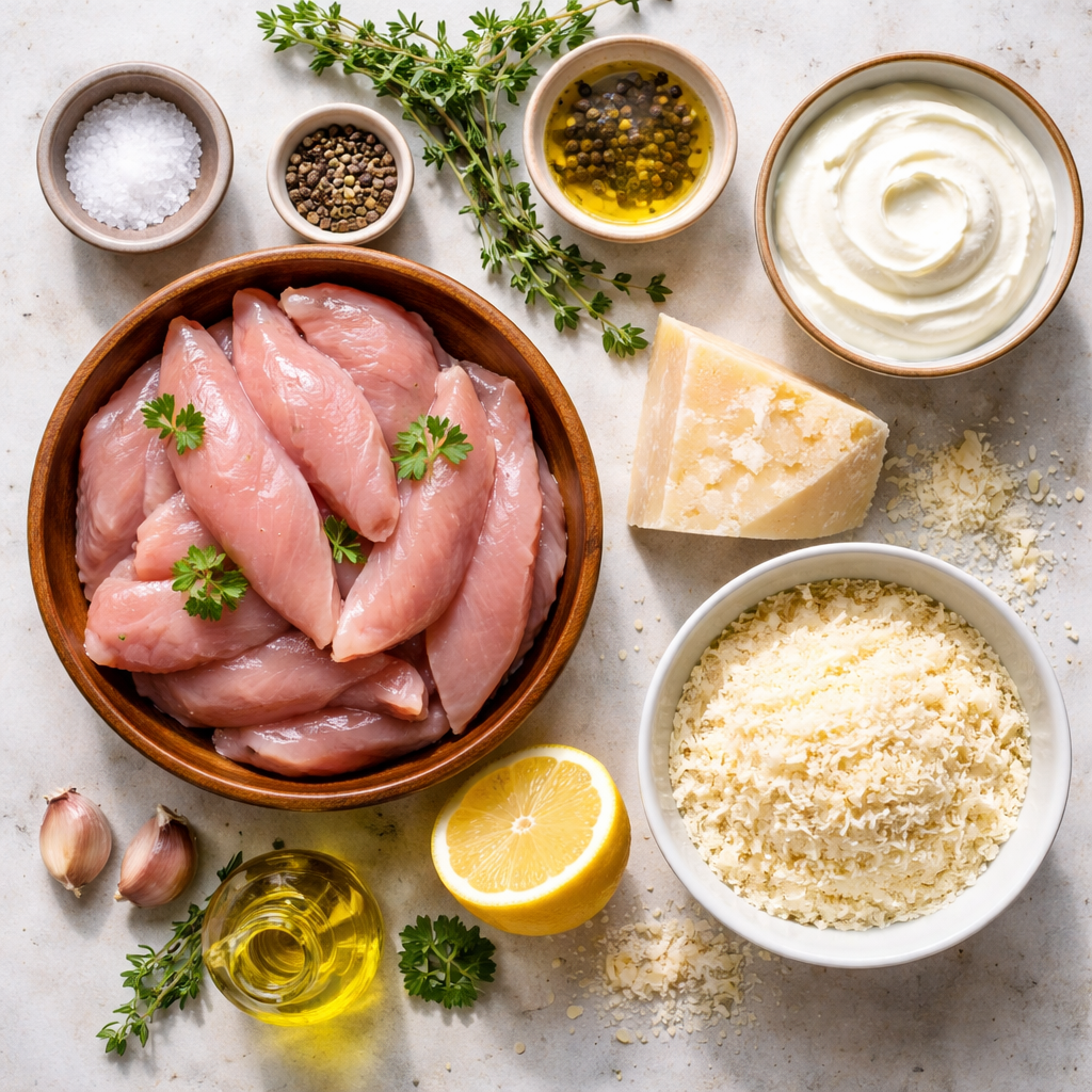 Aiguillettes de poulet à la crème de parmesan ingredients photo