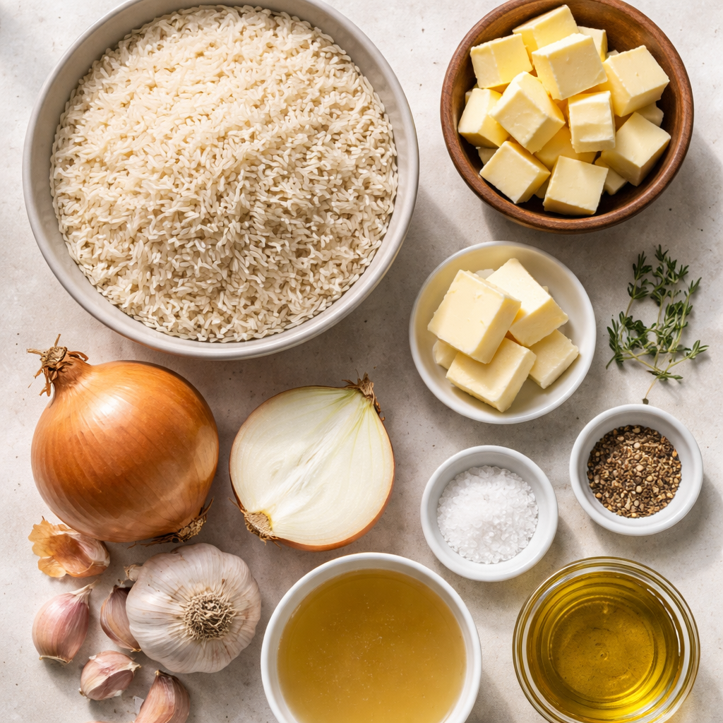 Riz au beurre et oignons dorés ingredients photo