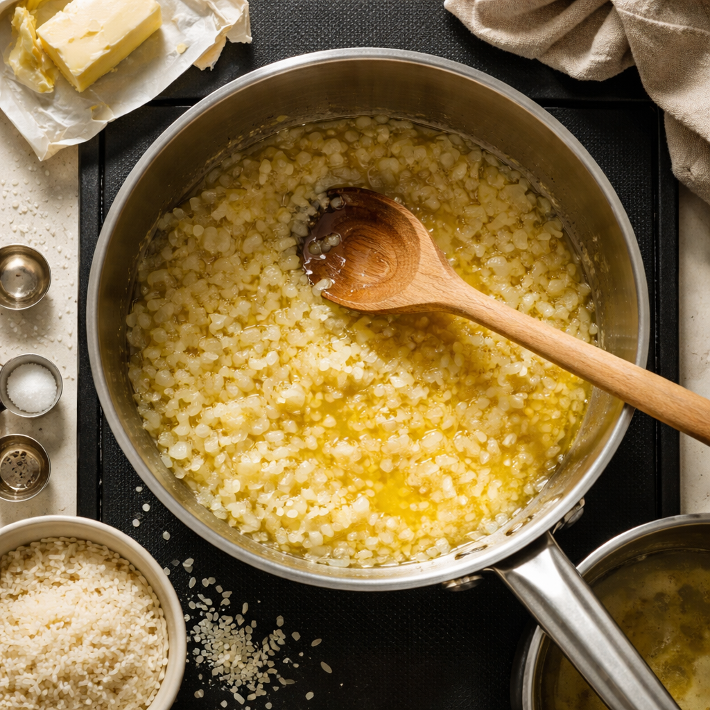 Riz au beurre et oignons dorés preparation photo