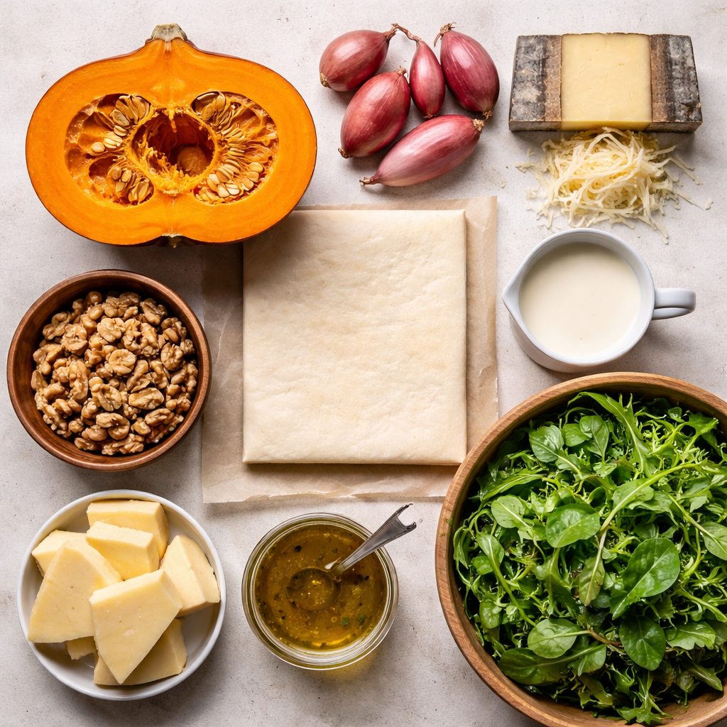La tarte potimarron, échalotes, comté et noix ingredients photo