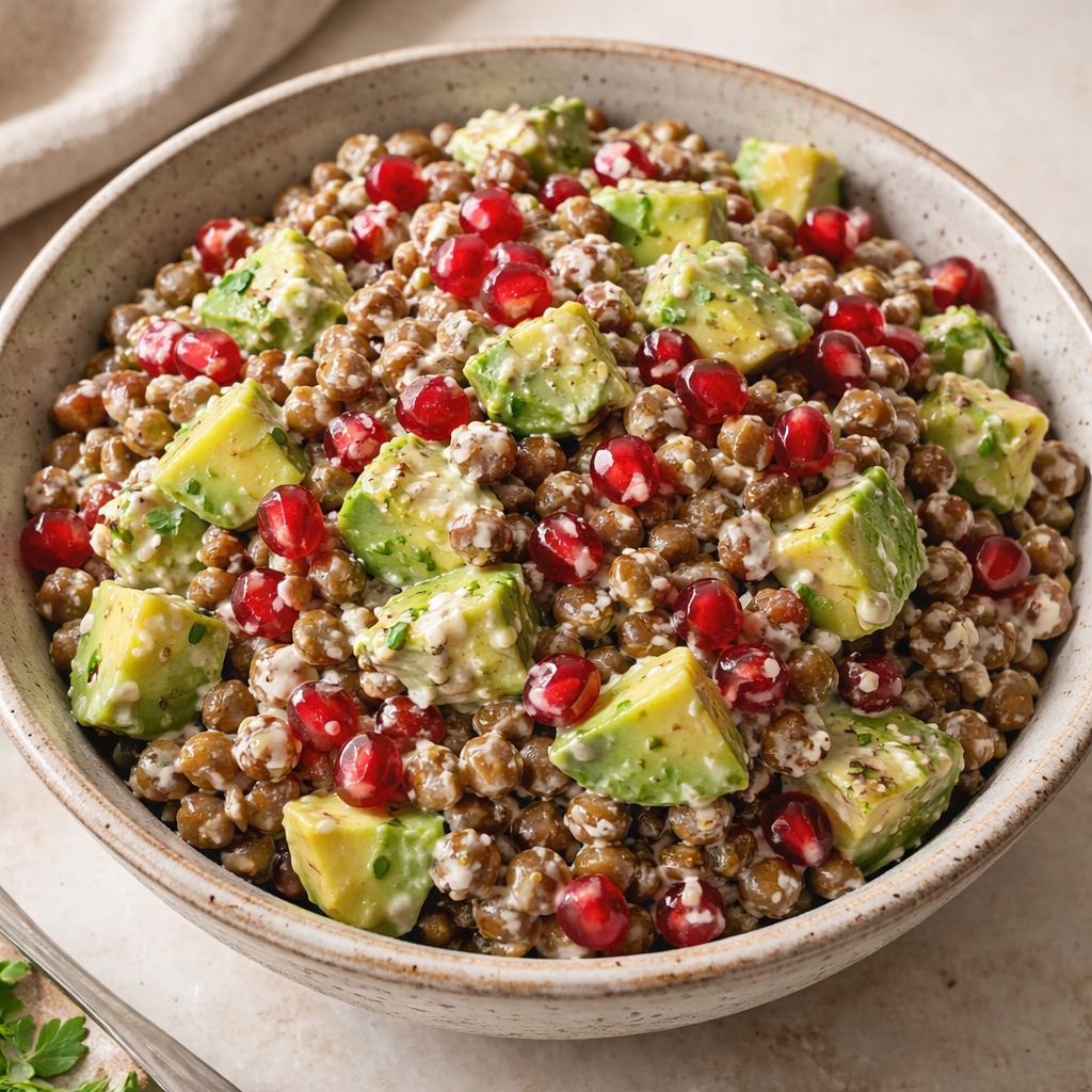 Lentil, Avocado, Pomegranate, and Yogurt-Tahini Dressing Salad featured photo