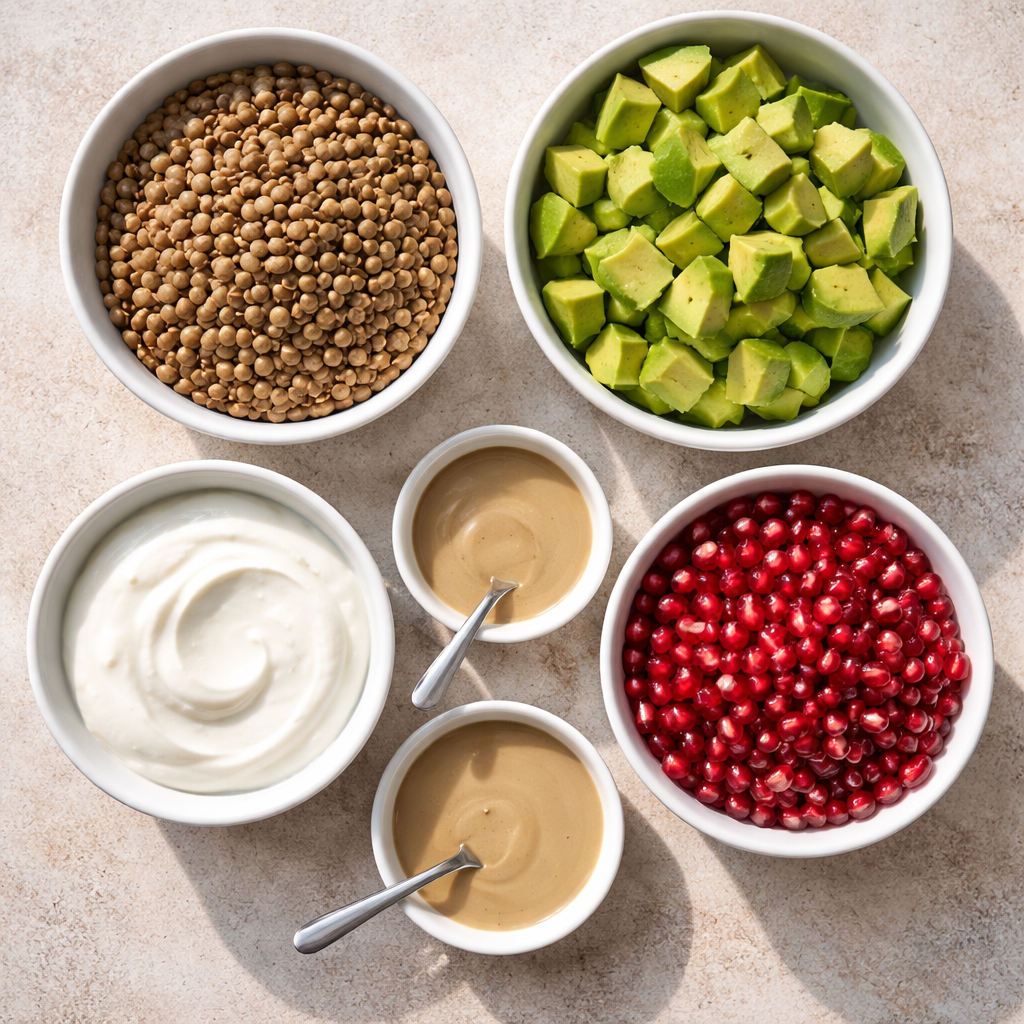 Lentil, Avocado, Pomegranate, and Yogurt-Tahini Dressing Salad ingredients photo