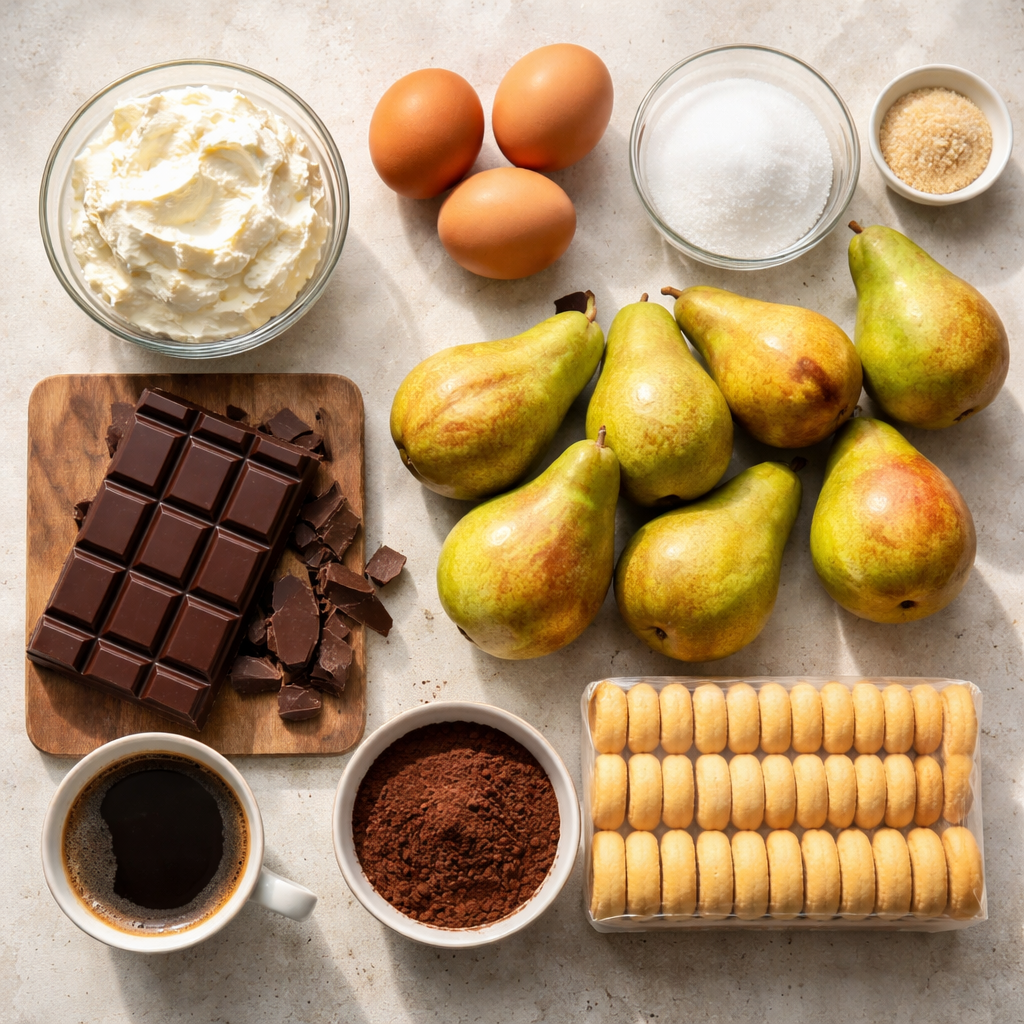 Tiramisu au chocolat et poires ingredients photo