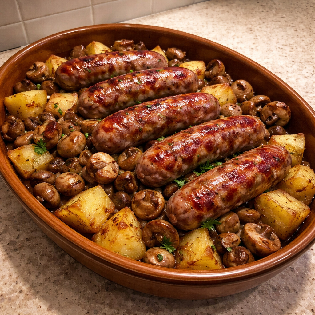 Saucisses aux pommes de terre et champignons featured photo