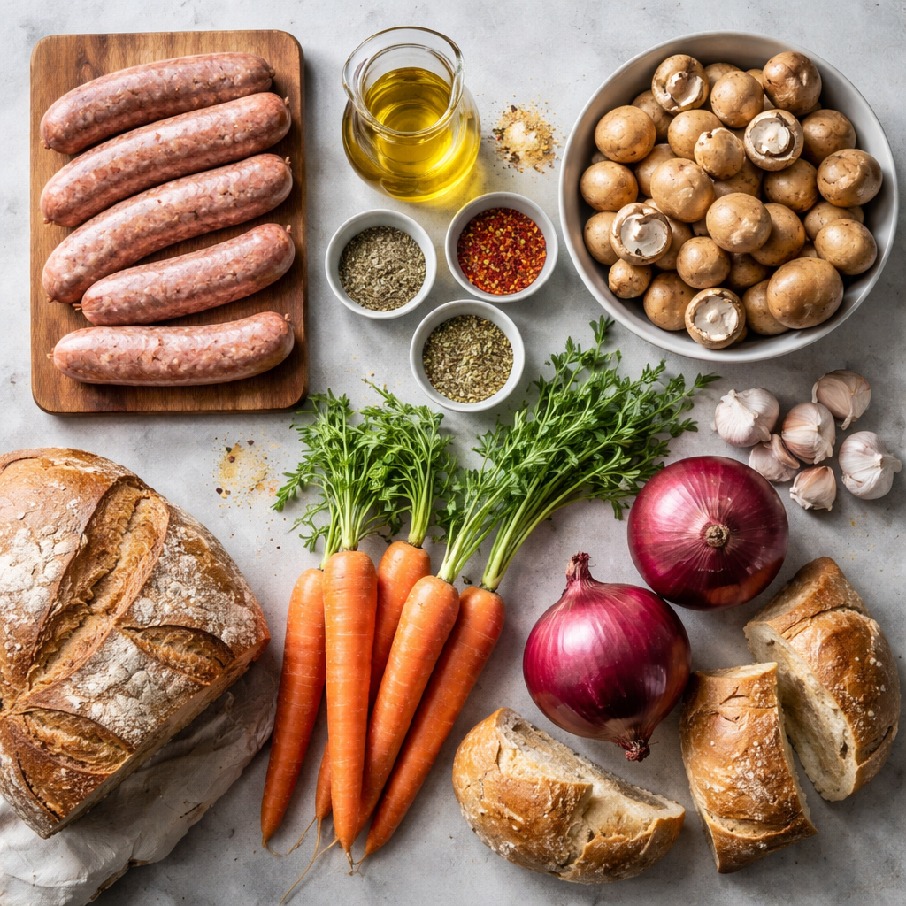 Saucisses aux pommes de terre et champignons ingredients photo