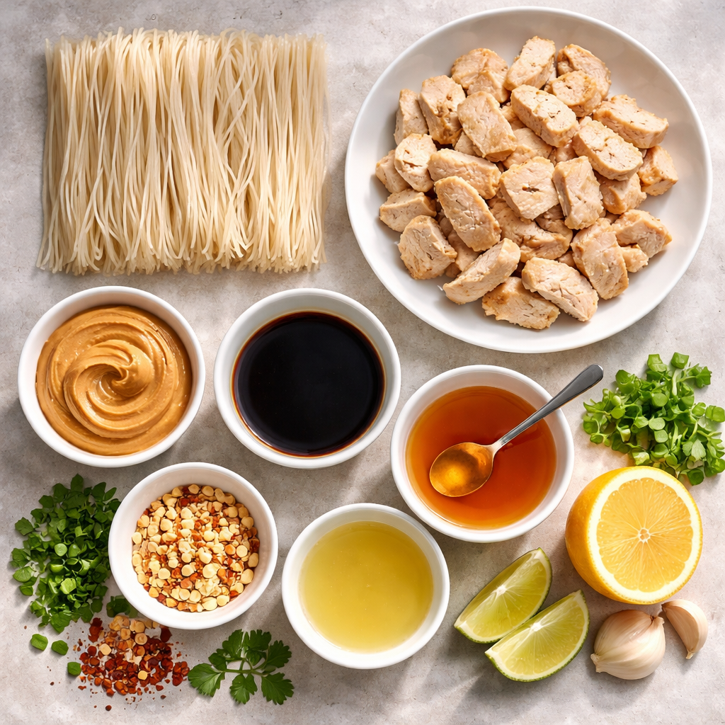 Nouilles thaï au poulet et cacahuètes ingredients photo