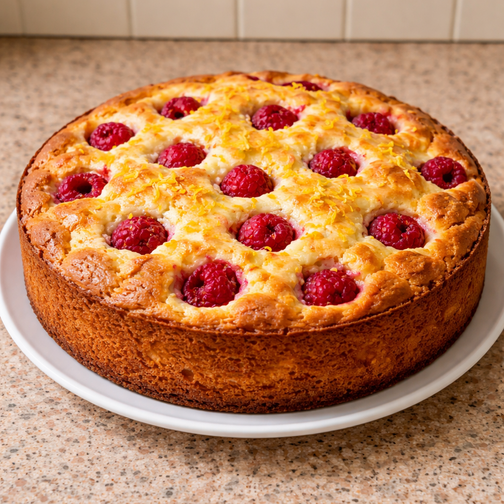 Cake au mascarpone fondant aux framboises et zestes de citron frais
