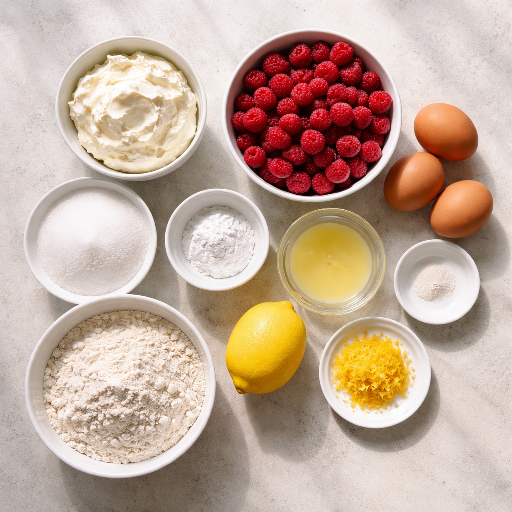 Cake au mascarpone, framboises et citron. ingredients photo