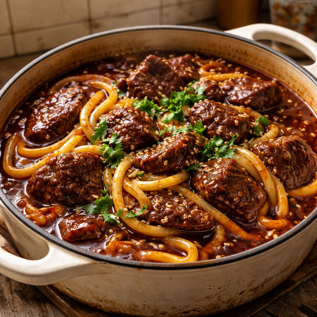 Noodles coréens au bœuf en cocotte featured photo