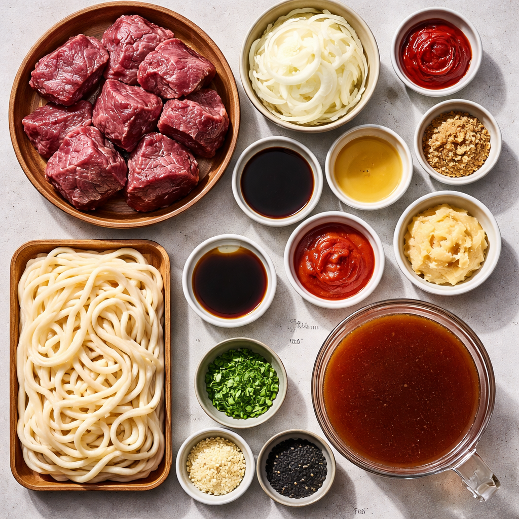 Noodles coréens au bœuf en cocotte ingredients photo