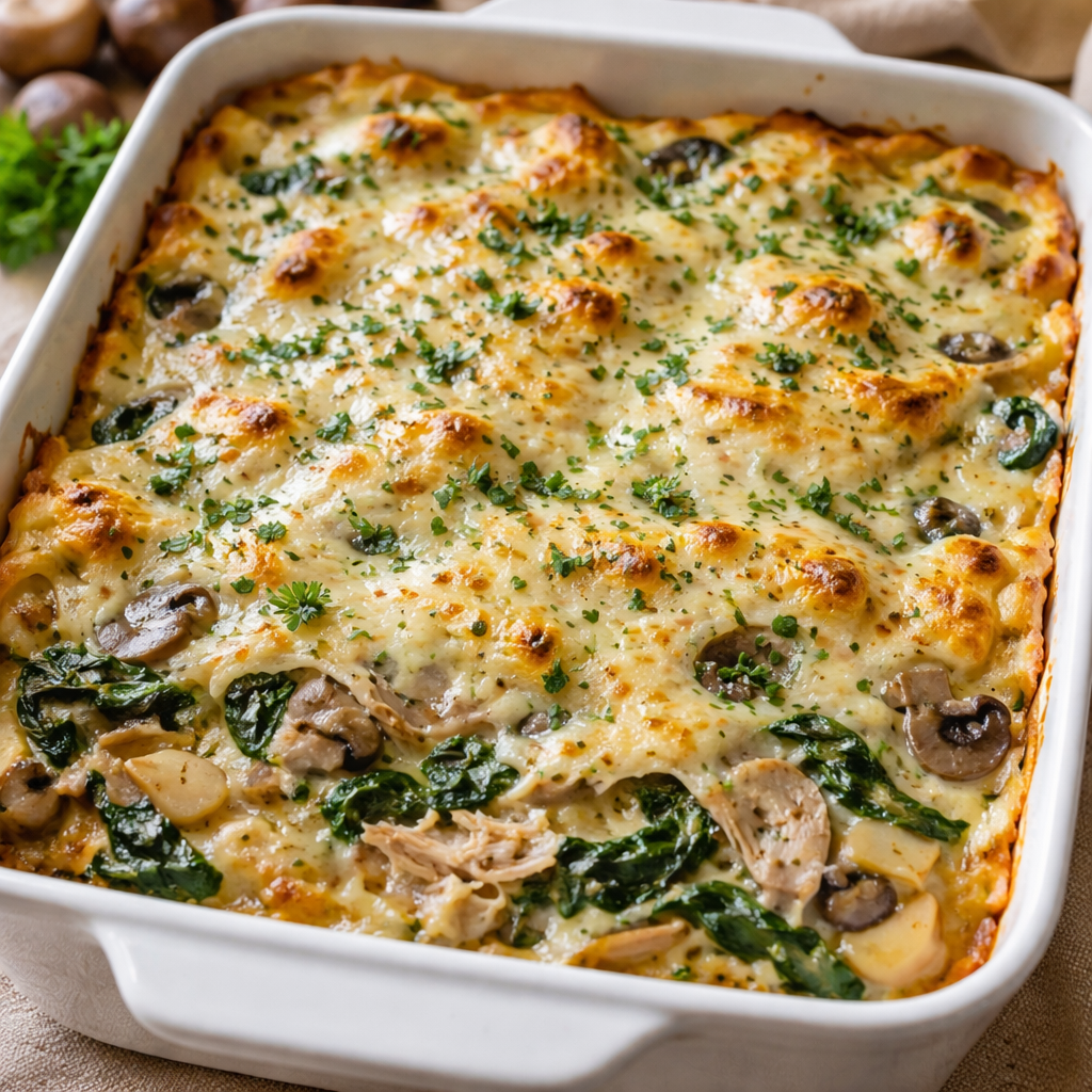 Lasagnes blanches au poulet, épinards et champignons featured photo