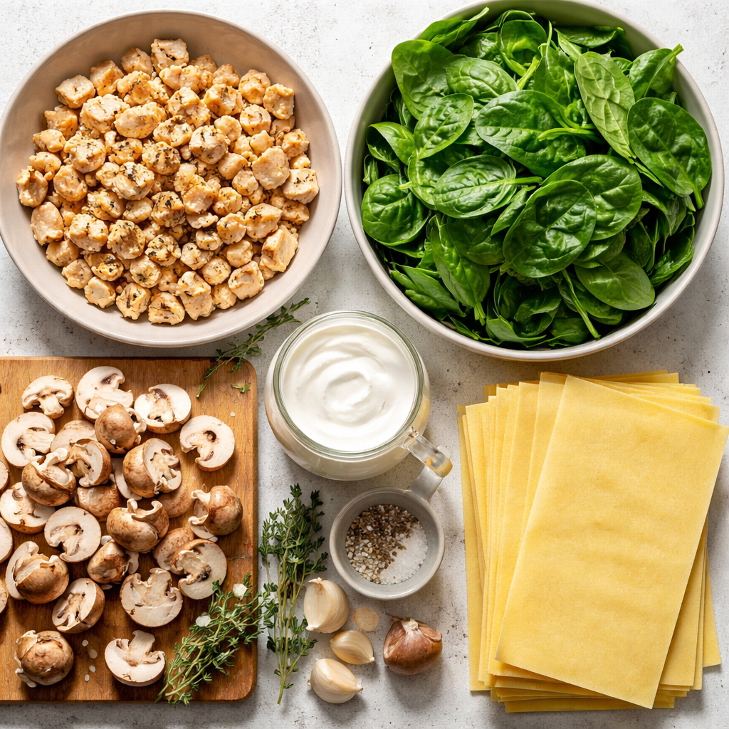 Lasagnes blanches au poulet, épinards et champignons ingredients photo