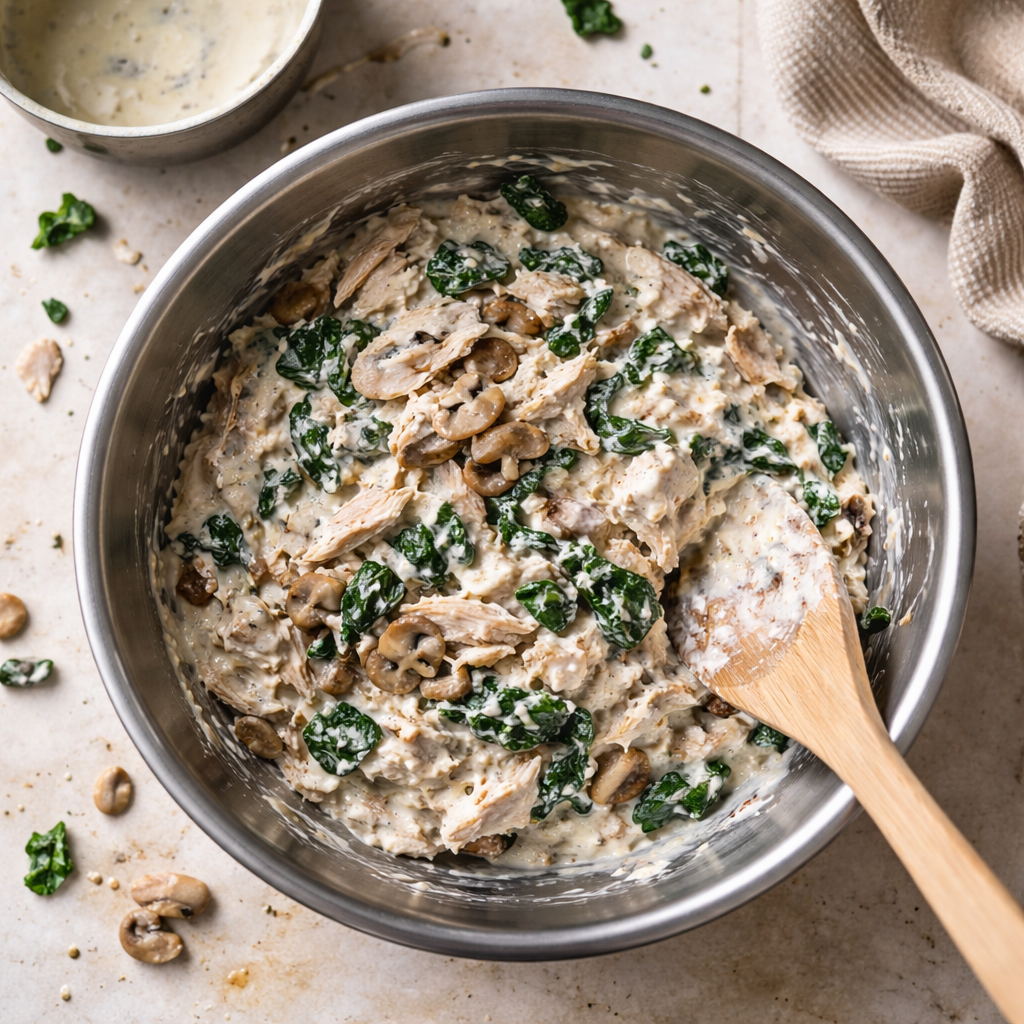 Lasagnes blanches au poulet, épinards et champignons preparation photo