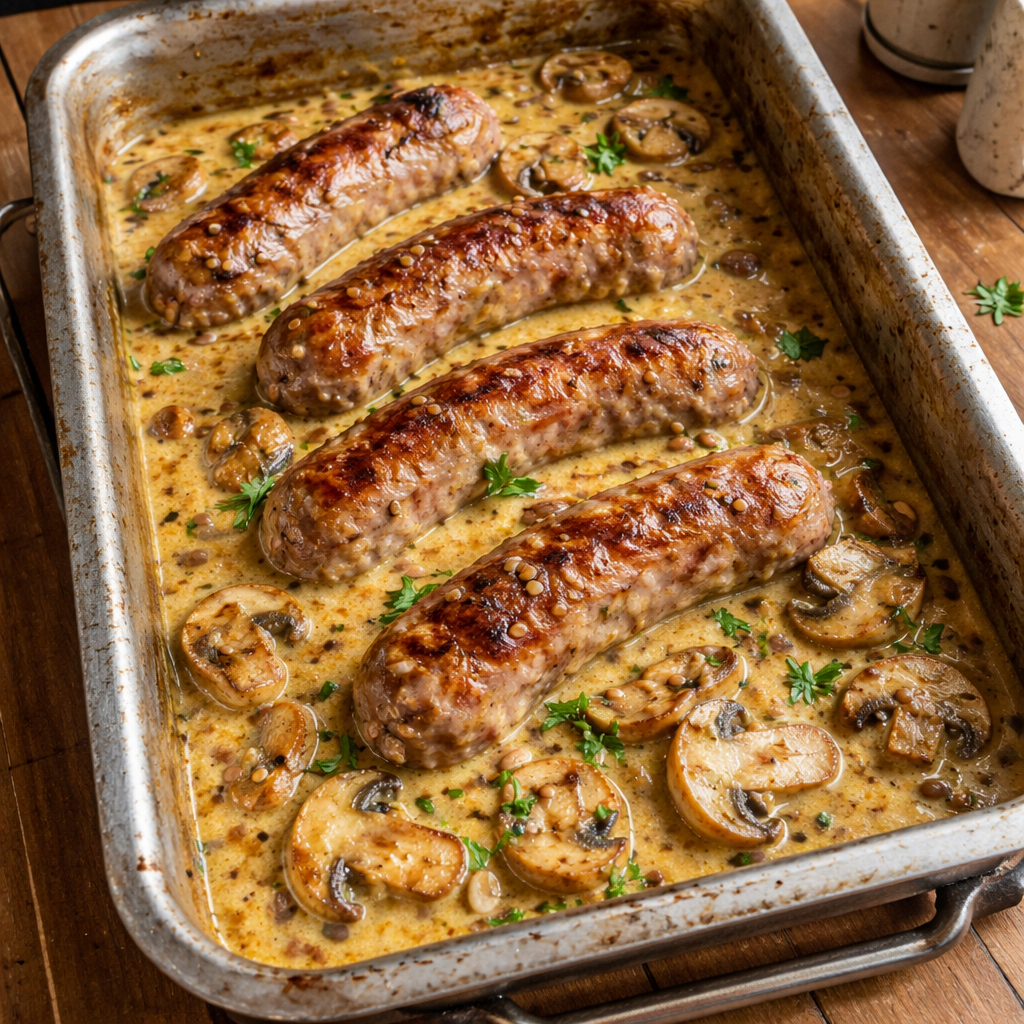 Saucisses de Toulouse à la Moutarde et aux Champignons featured photo