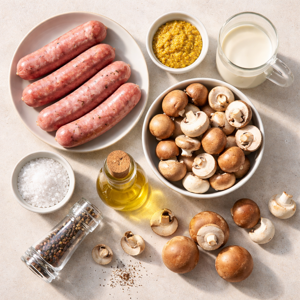 Saucisses de Toulouse à la Moutarde et aux Champignons ingredients photo