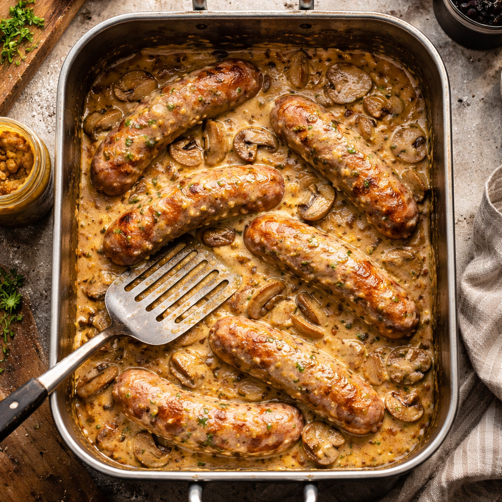 Saucisses de Toulouse à la Moutarde et aux Champignons preparation photo