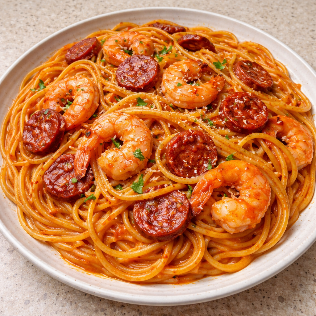 Spaghetti à la crème de poivron, chorizo et crevettes featured photo