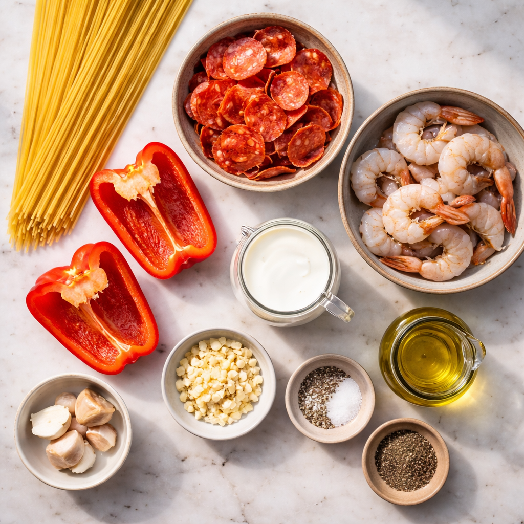 Spaghetti à la crème de poivron, chorizo et crevettes ingredients photo