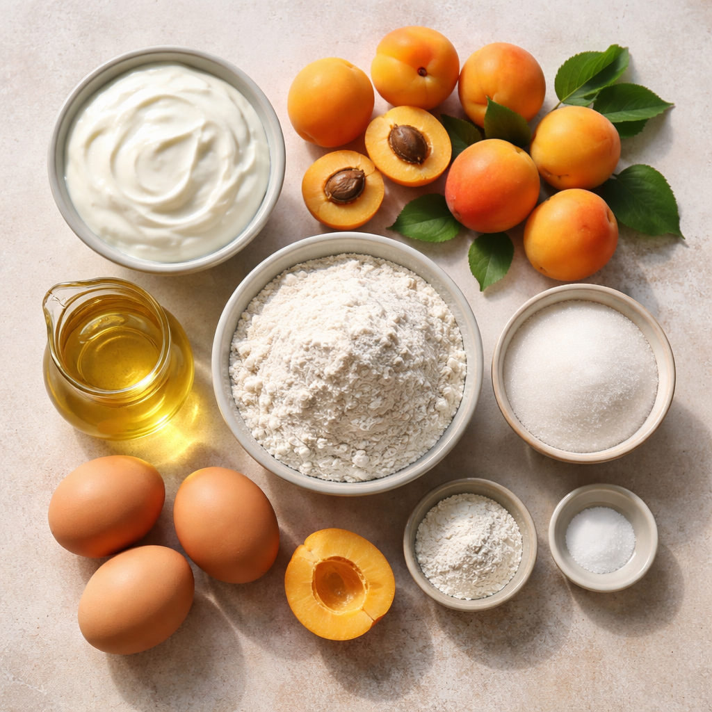 Cake with apricots and yogurt ingredients photo