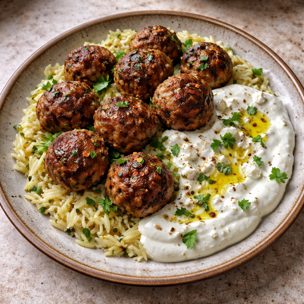 Boulettes grecques avec orzo citronné et crème de feta featured photo