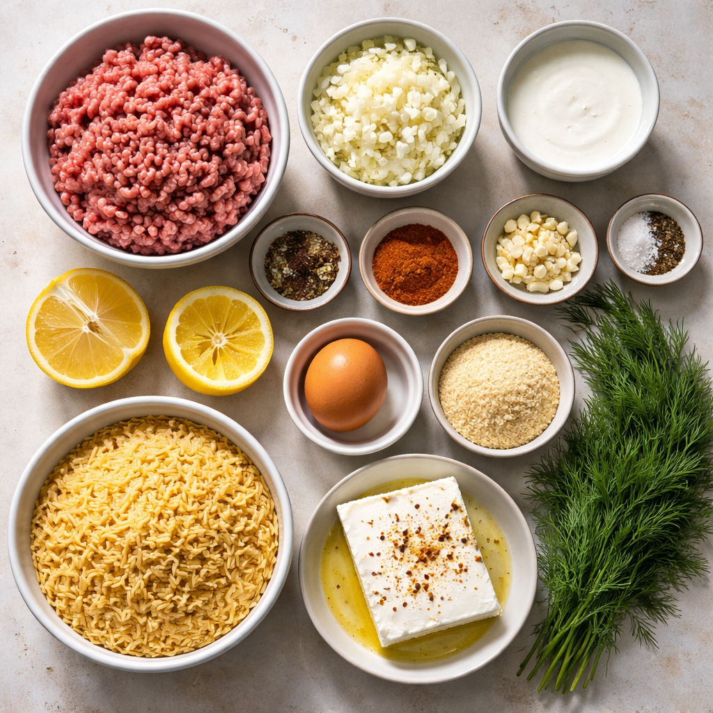 Boulettes grecques avec orzo citronné et crème de feta ingredients photo