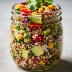 Bocal de salade quinoa avec avocat et légumes frais