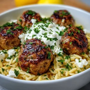Boulettes grecques servies avec orzo citronné et crème de feta