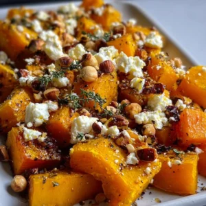Butternut Rôti au Miel, Thym, Feta et Noisettes, plat savoureux et réconfortant.