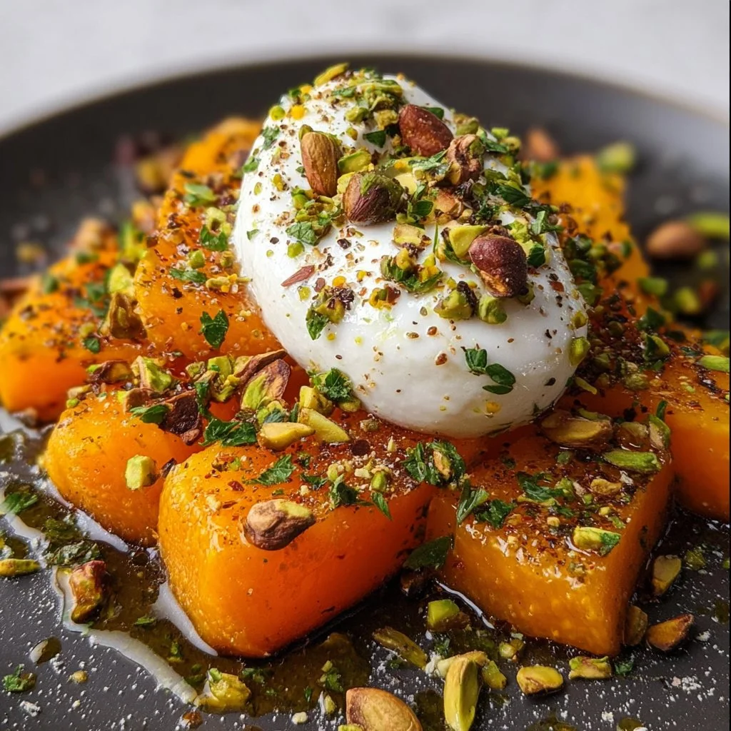Butternut rôti servi avec burrata crémeuse et pistaches croquantes