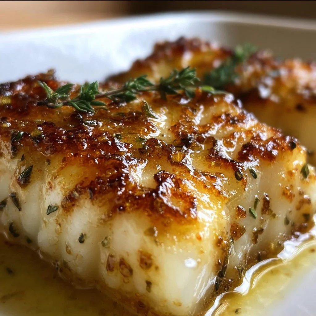 Cabillaud mariné au miel cuit au four, plat savoureux en présentation.