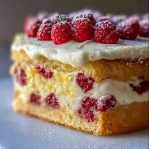 Cake au mascarpone avec framboises et citron sur une assiette