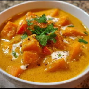 Curry de potimarron à la crème de coco dans un bol coloré