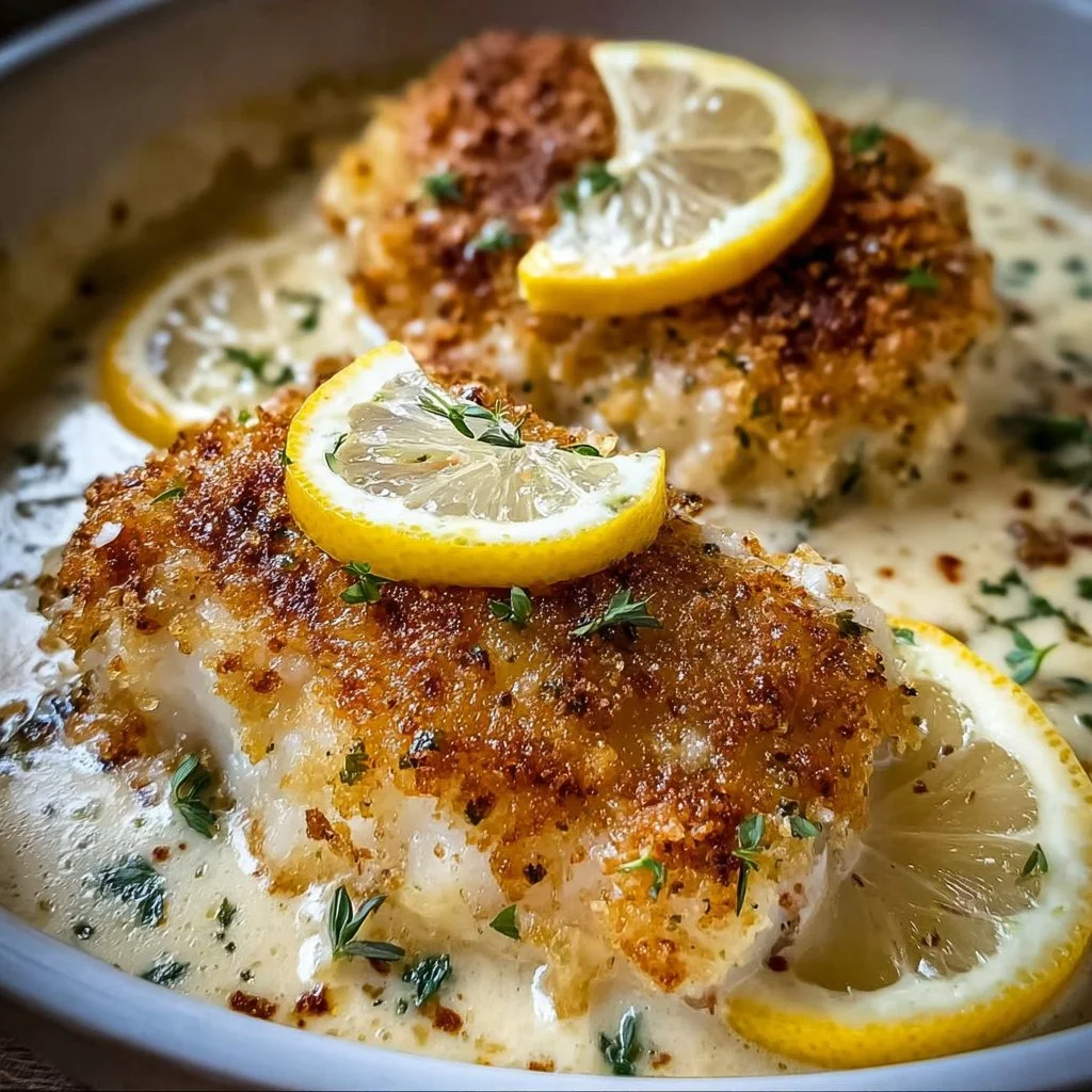 Dos de Cabillaud à la Crème de Parmesan au Citron, plat gourmet prêt à être dégusté.