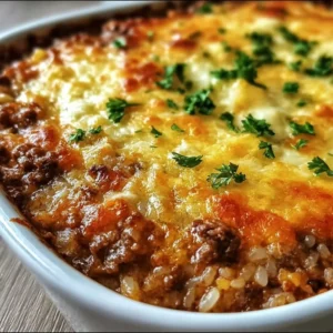 Gratin mexicain au riz et à la viande hachée prêt à être servi.