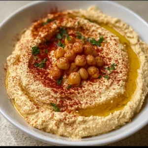 Bol de houmous maison avec des légumes frais à côté.