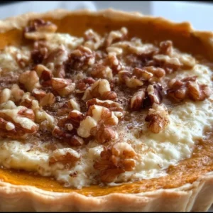 Tarte potimarron garnie d'échalotes, comté et noix, présentée en assiette
