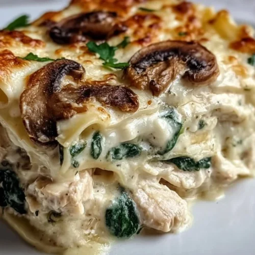 Lasagnes blanches avec poulet, épinards et champignons, un plat savoureux et crémeux