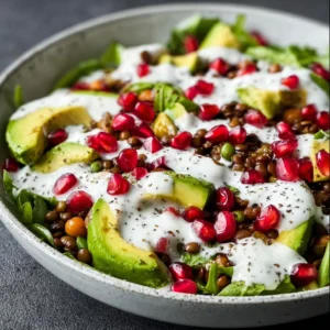 Salade de lentilles avec avocat, grenade et vinaigrette yaourt-tahini