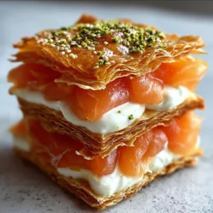 Millefeuille de saumon fumé et mascarpone, une entrée raffinée et savoureuse.