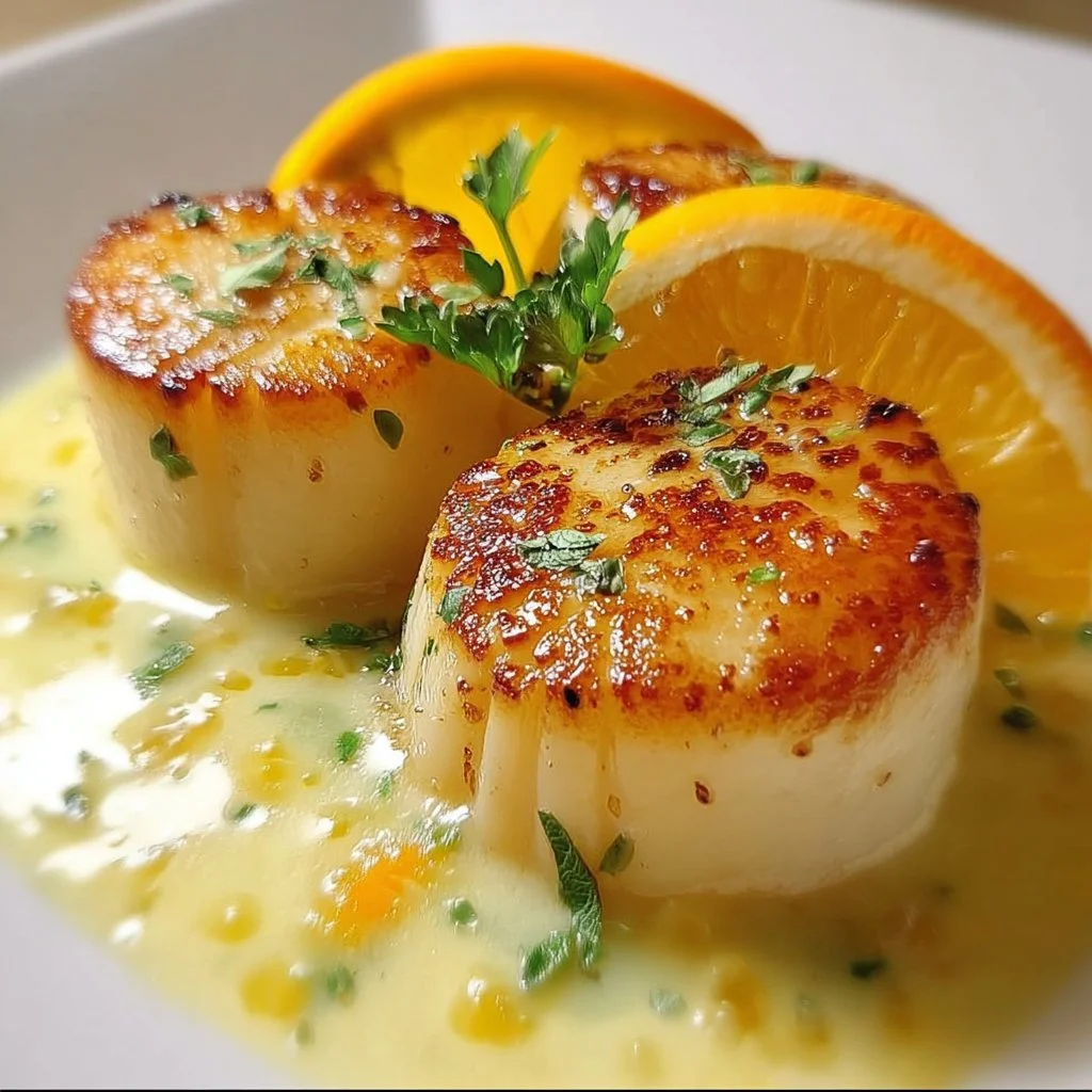 Noix de Saint-Jacques dorées avec sauce crémeuse aux agrumes, plat gourmet.