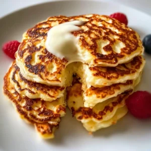 Pancakes au fromage blanc riche en protéines sur une assiette garnie de fruits