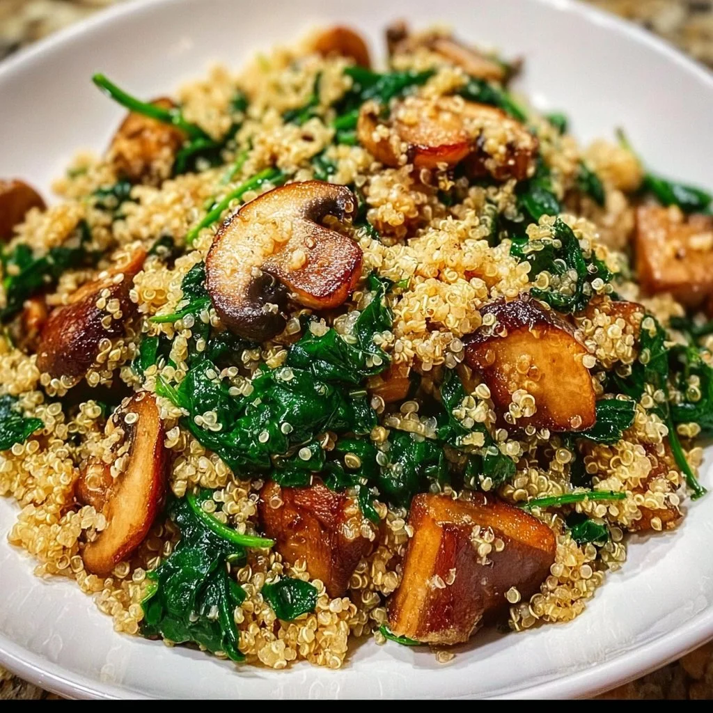Poêlée de Quinoa avec Champignons et Épinards dans un plat délicieux