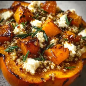Potimarron rôti accompagné de quinoa et feta dans un plat coloré et appétissant.