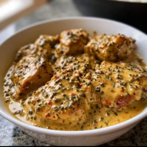 Poulet au poivre crémeux dans une assiette garnie de poivre noir