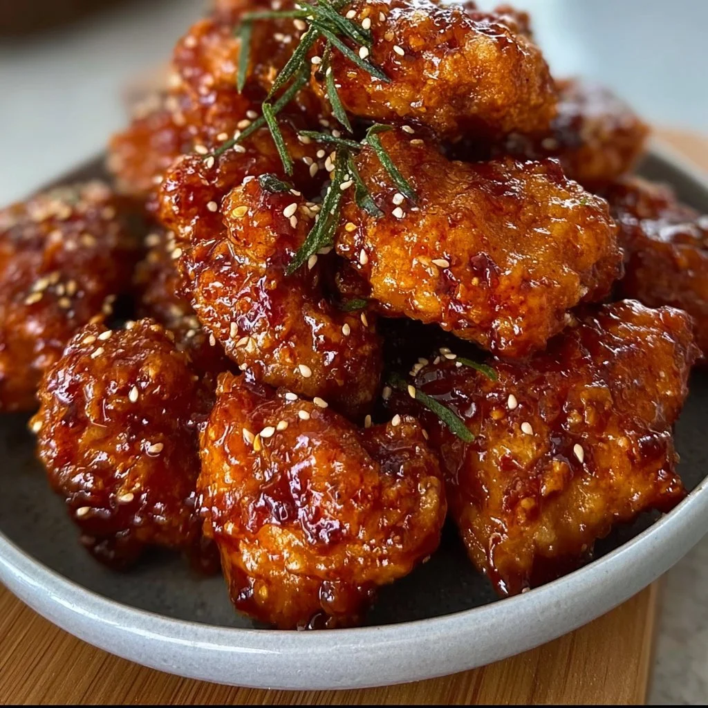 Poulet Frit Coréen croustillant servi avec des accompagnements typiques.