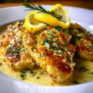 Poulet Romano au Citron présenté sur une assiette garnie d'herbes fraîches.