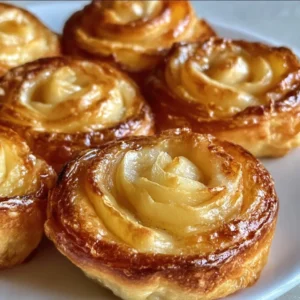 Roulés feuilletés aux pommes dorés et appétissants sur une assiette.