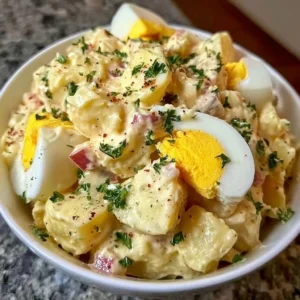Salade de pommes de terre aux œufs garnie de fines herbes et de légumes frais