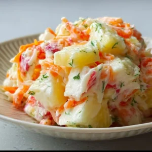 Salade froide surimi et ananas, un plat rafraîchissant et coloré.