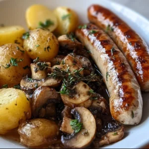 Saucisses aux pommes de terre et champignons, plat savoureux et réconfortant.